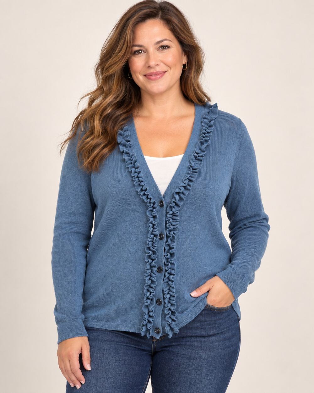 Carole Little 100% Italian Merino Wool Cardigan XL Blue Ruffle Trim Button Front